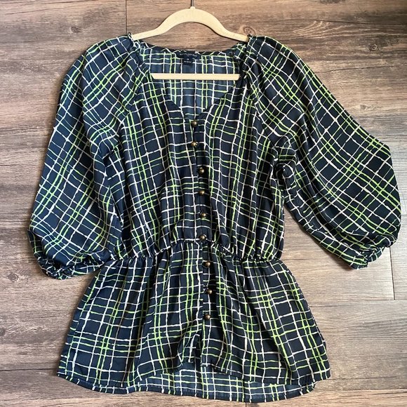 Banana Republic Navy & Green Plaid Blouse - Picture 1 of 5